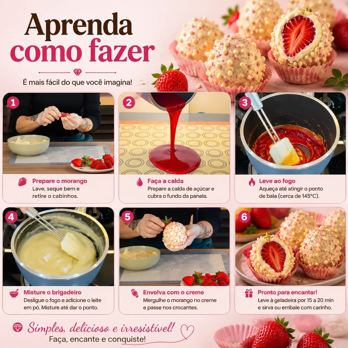 Passo a passo do preparo em seis etapas: preparar o morango, fazer a calda, levar ao fogo, misturar o brigadeiro, envolver com o creme e finalizar
