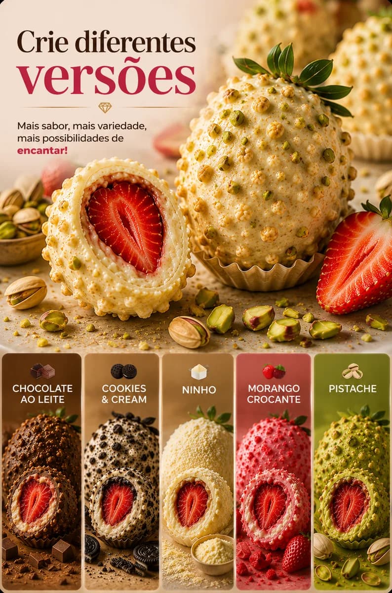 Morangos Cravejados em cinco versões: chocolate ao leite, cookies & cream, ninho, morango crocante e pistache