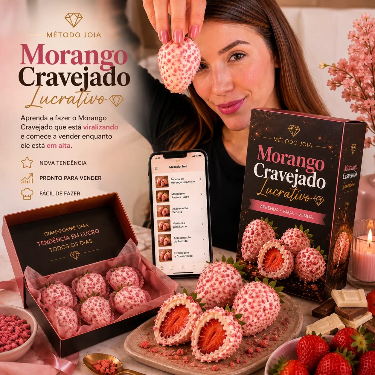 Morangos Cravejados com acabamento cravejado, a caixa de presente e a embalagem do Método Joia